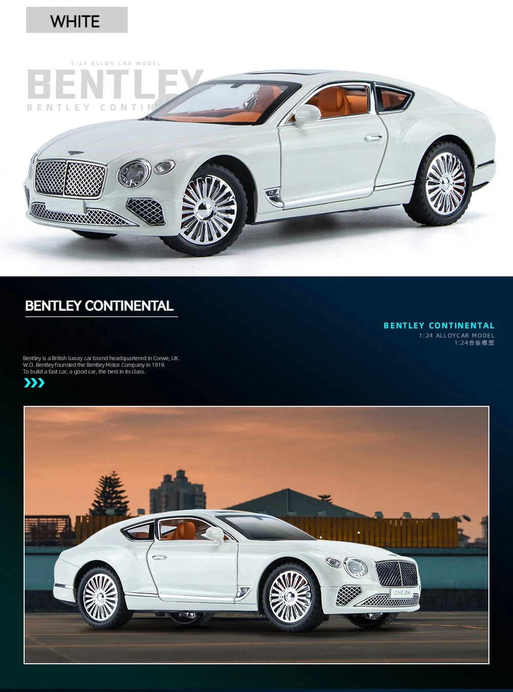 Voiture Miniature Continental GT 1:24 — Métal Diecast, Portes Ouvrantes, Lumières & Sons 🚗