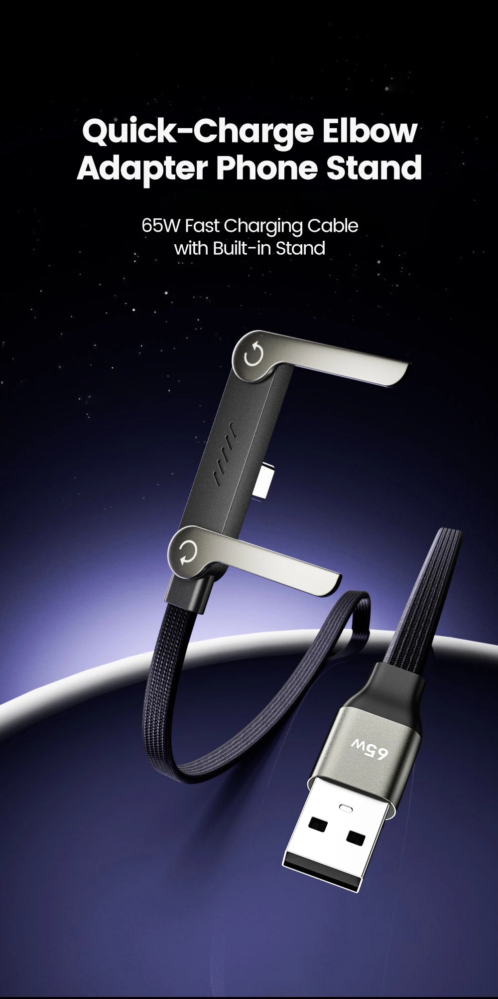 Câble USB-C 65W avec Support Téléphone Intégré — Charge Rapide