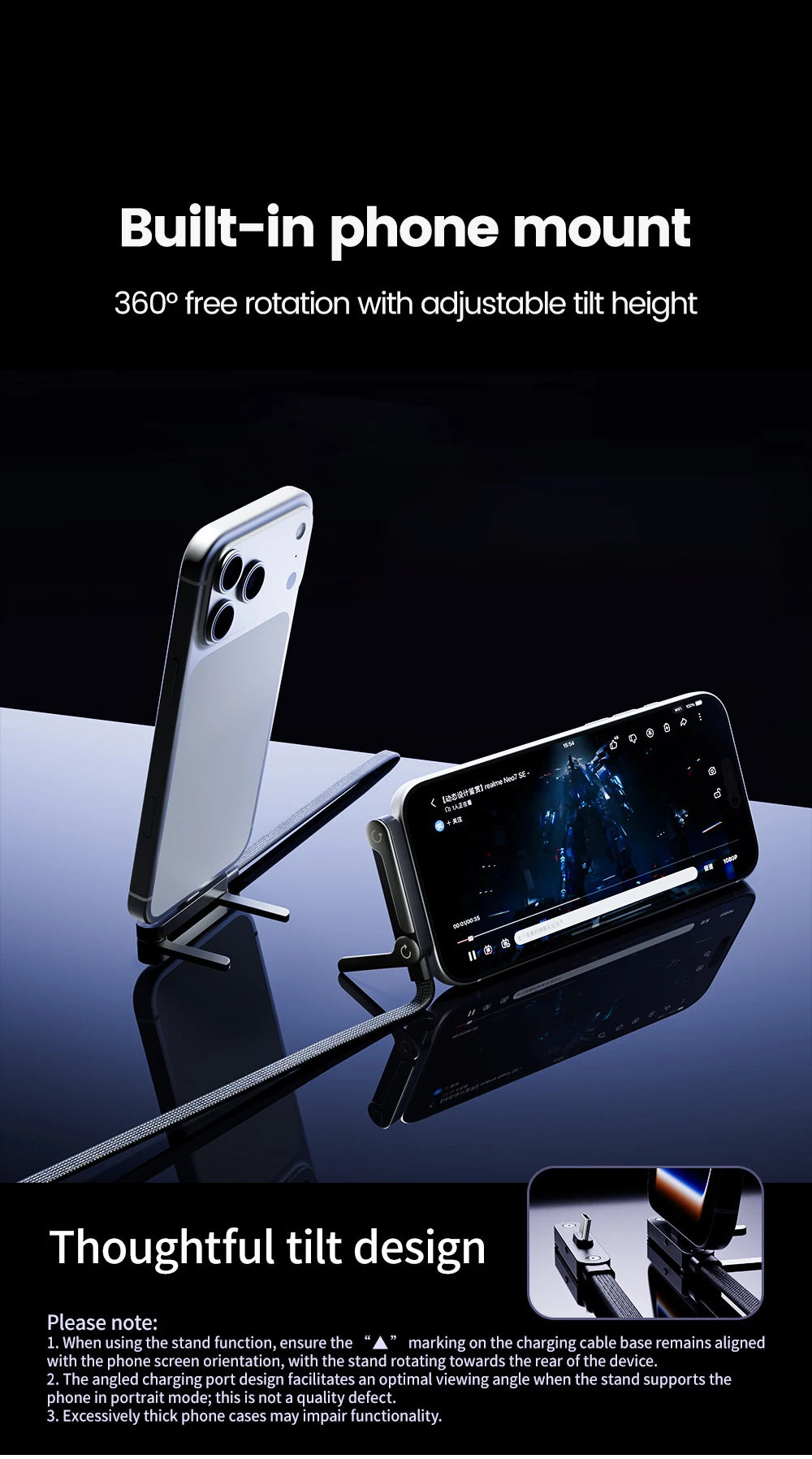 Câble USB-C 65W avec Support Téléphone Intégré — Charge Rapide