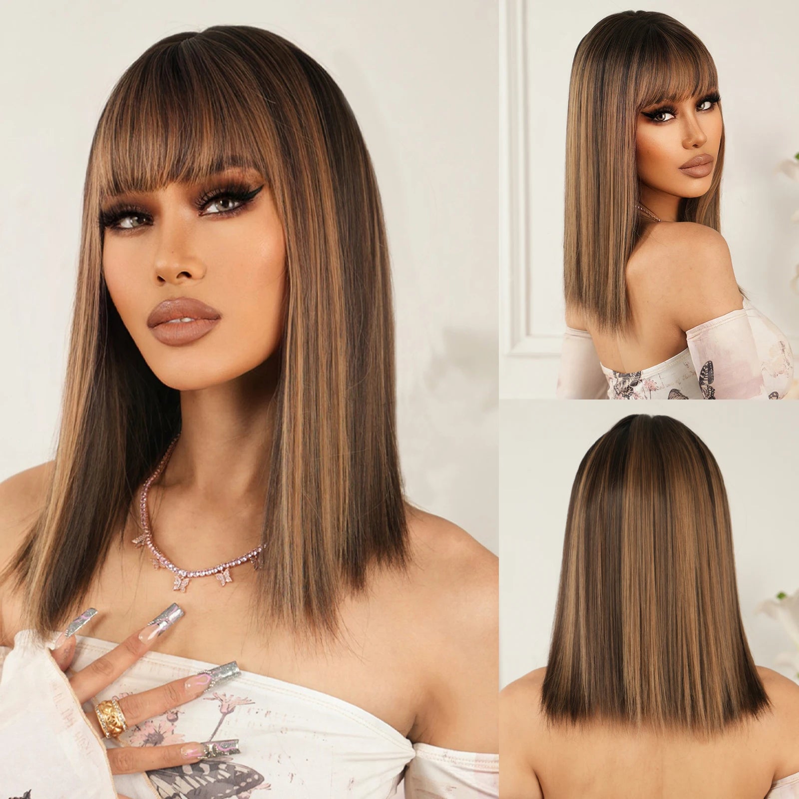 Perruque synthétique noire lisse au carré avec frange, mi-longue, dégradée, idéale pour le cosplay et les femmes. Cheveux naturels, résistante à la chaleur.