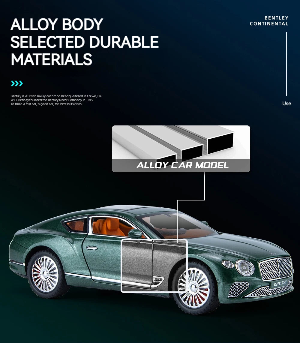 Voiture Miniature Continental GT 1:24 — Métal Diecast, Portes Ouvrantes, Lumières & Sons 🚗