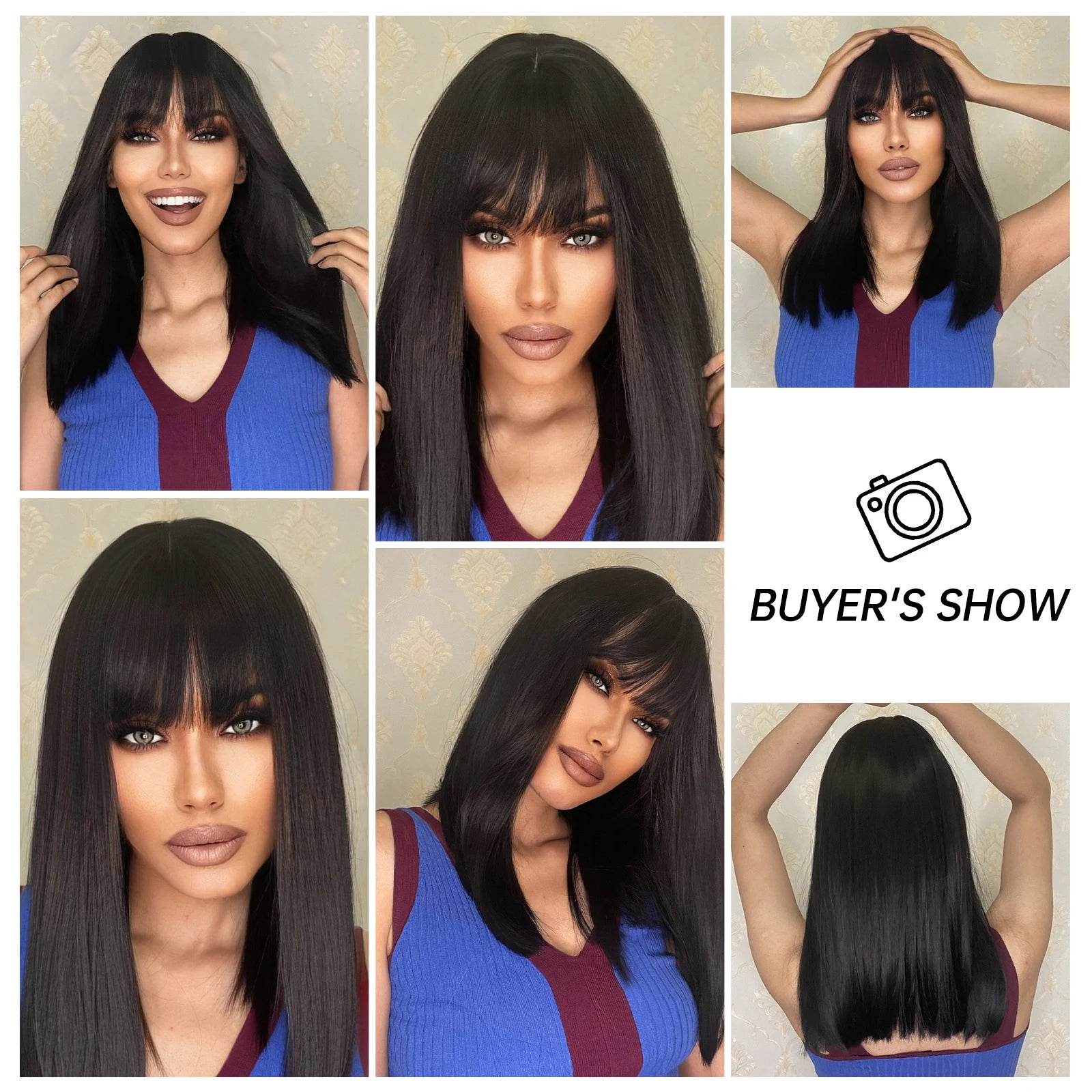 Perruque synthétique noire lisse au carré avec frange, mi-longue, dégradée, idéale pour le cosplay et les femmes. Cheveux naturels, résistante à la chaleur.