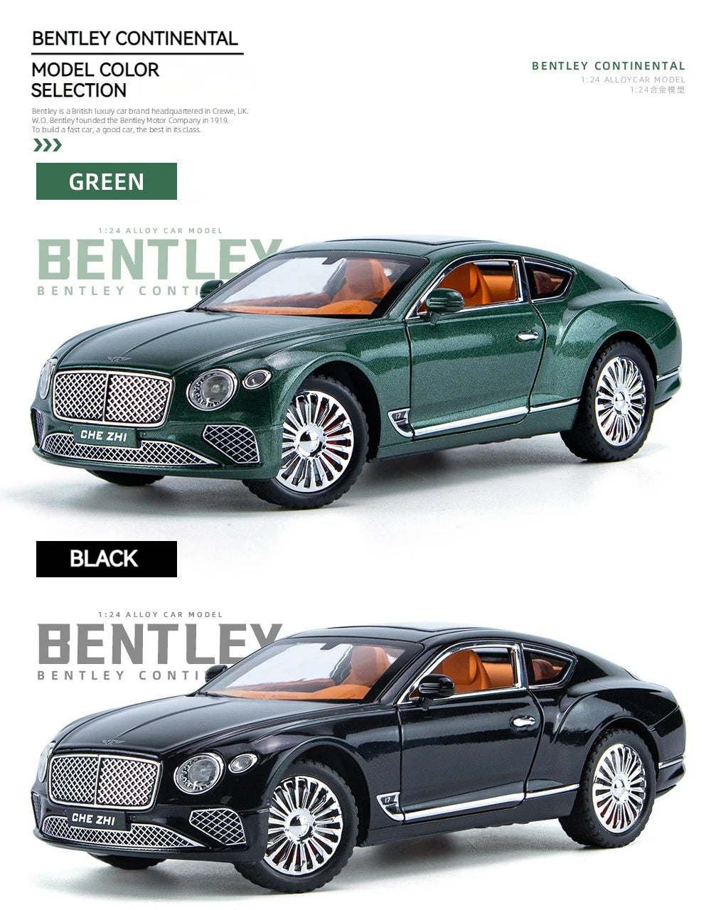 Voiture Miniature Continental GT 1:24 — Métal Diecast, Portes Ouvrantes, Lumières & Sons 🚗